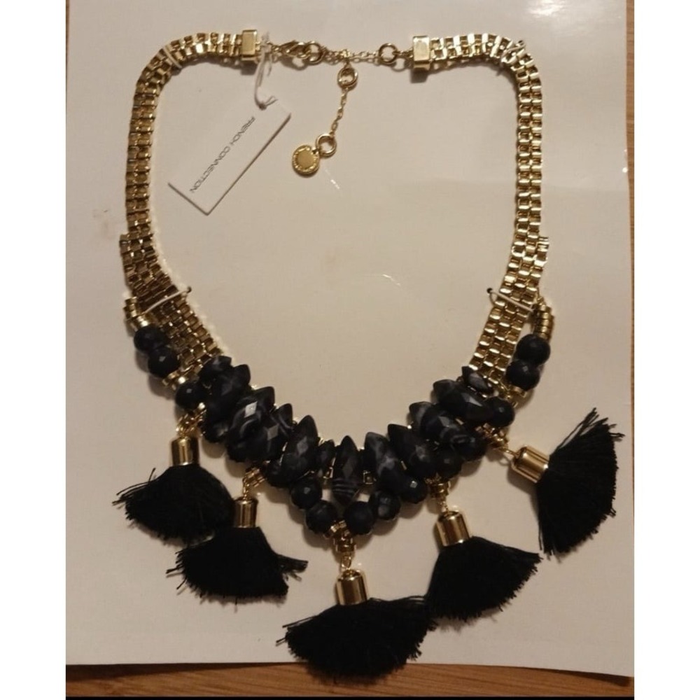 NEW French Connection Gold & Navy Blue Beaded & Tassel Short Statement Necklace